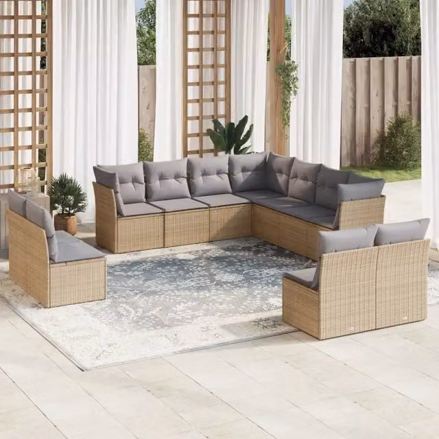Set di divani da giardino VIDAXL in polyrattan con cuscini beige, composizione a U da 11 pezzi