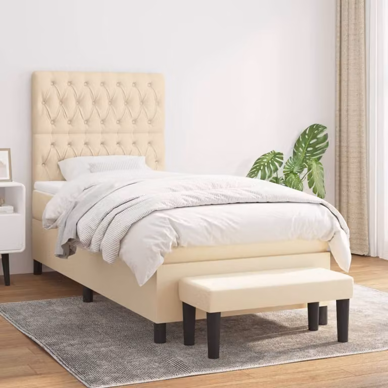 The Living Store Letto a molle con materasso crema 90x200 cm in tessuto
