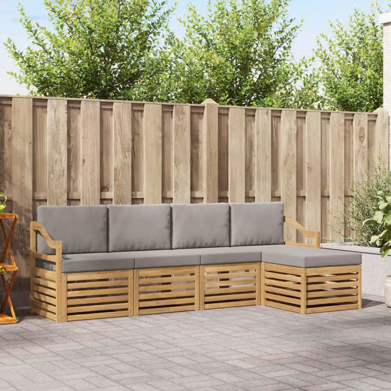 vidaXL Set di divani da esterno a L con pouf, struttura in legno di acacia e cuscini inclusi, Bianco e Grigio