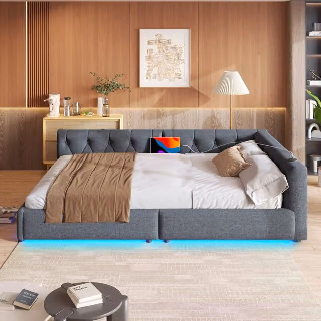 Struttura letto 140 × 200 cm con rete a doghe lino e MDF grigio con LED USB e porta Type-C