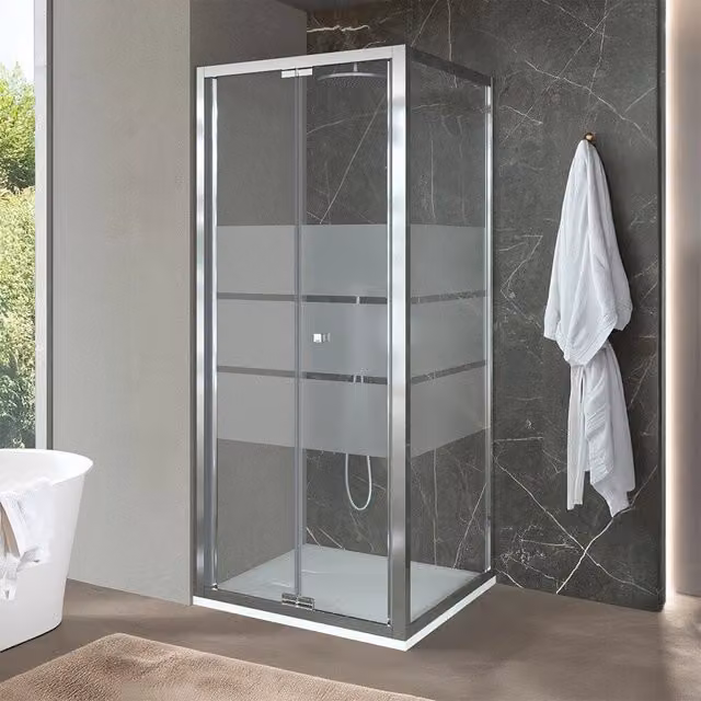 Box doccia angolare Ted con porta a soffietto in vetro temperato serigrafato e profili cromo, L: 90.5 cm, P: 80.5 cm, H: 200 cm