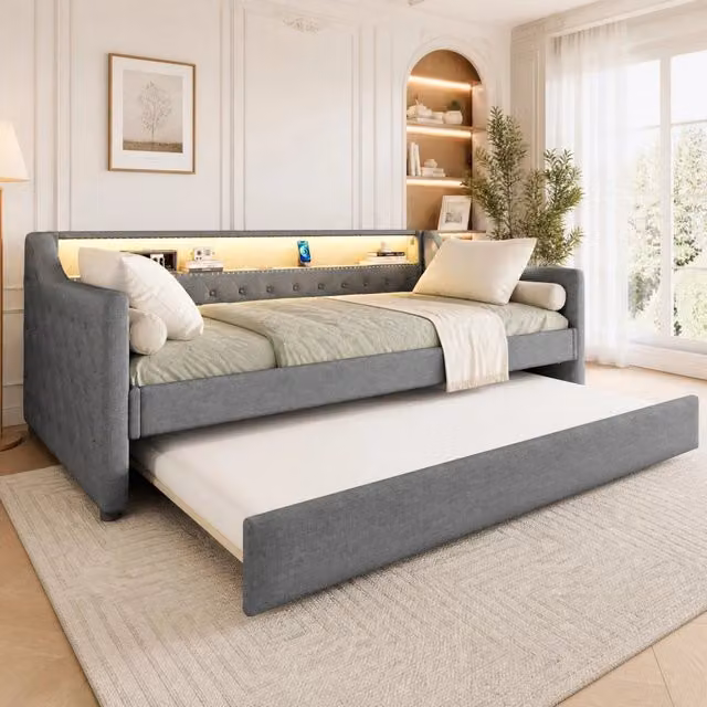 Letto Mivray con letto estraibile e rete a doghe, colore grigio, con illuminazione LED sottostante e porta USB, L/P/H: 90 x 200 x 106 cm