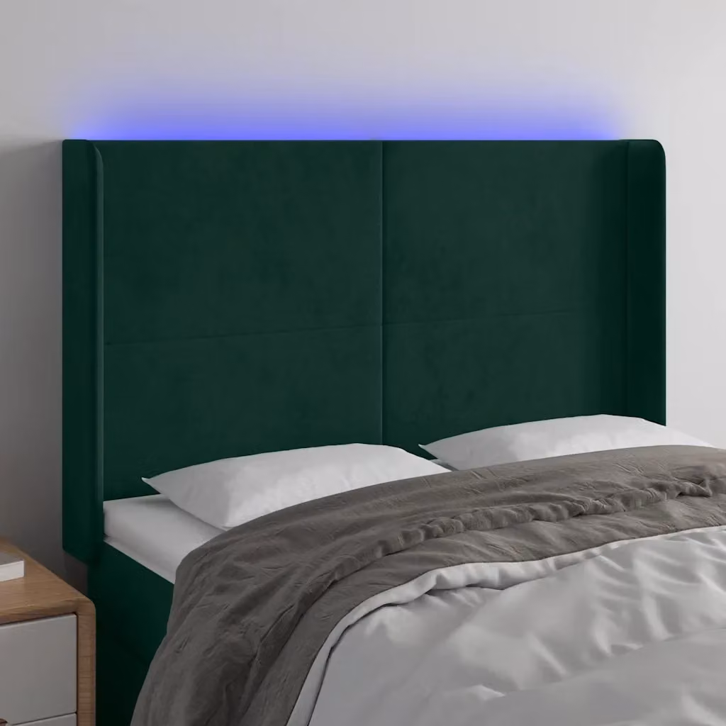 Testiera con illuminazione LED e porta di ricarica USB in velluto verde scuro L: 147 cm, P: 16 cm, H: 118/128 cm – 2