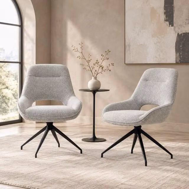 Set da 2 Sedie da Pranzo Girevoli a 360° con Rivestimento in Tessuto Beige-Grigio e Struttura in Metallo Nero