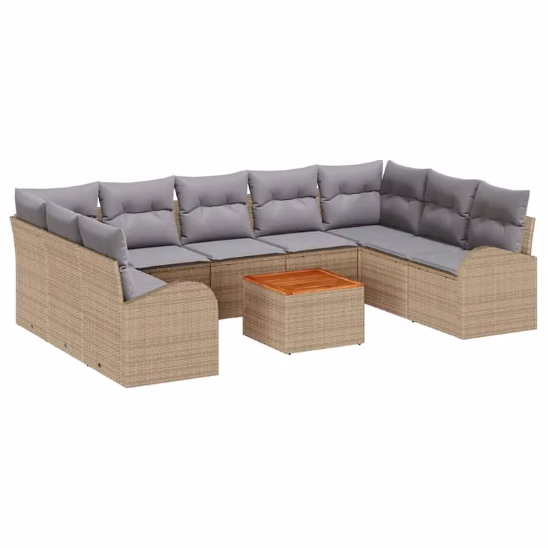 Set Divano da Giardino vidaXL 10 Pezzi a Forma di U in Polyrattan Beige con Tavolino e Cuscini
