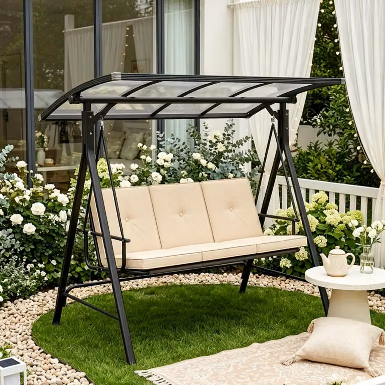 Altalena da esterno BEALIFE, modello 3 posti, con tetto e cuscini | Capacità di carico: 230 kg | Altalena per giardino, ideale per terrazza e giardino | Giallo chiaro | CD02