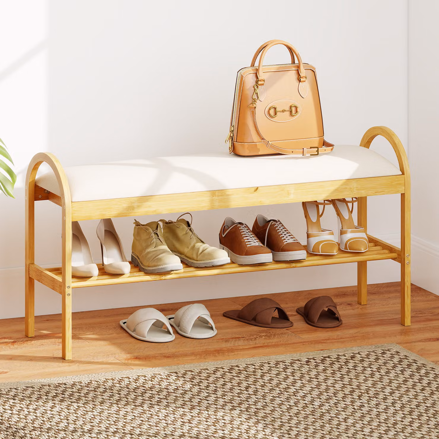 Panca porta scarpe in bambù Costway con seduta beige e scomparto nascosto per ingresso e soggiorno