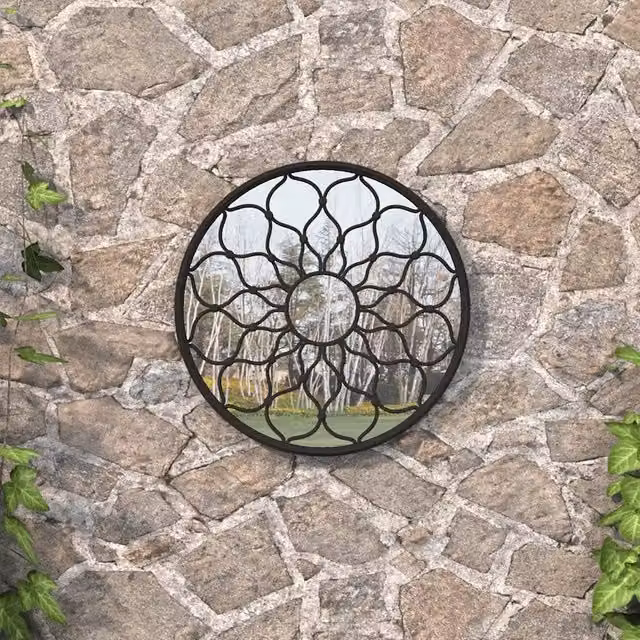 Specchio da giardino rotondo Design Mania nero con decorazione floreale in metallo e vetro, L: 60 cm, P: 3 cm