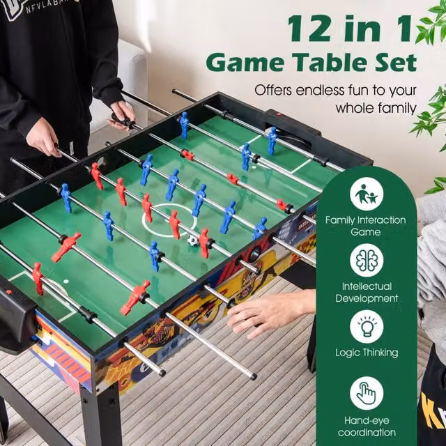 Tavolo Multigioco 12 in 1 Multifunzionale Salvaspazio con Calciobalilla Biliardo Ping Pong Air Hockey e Scacchi per Casa