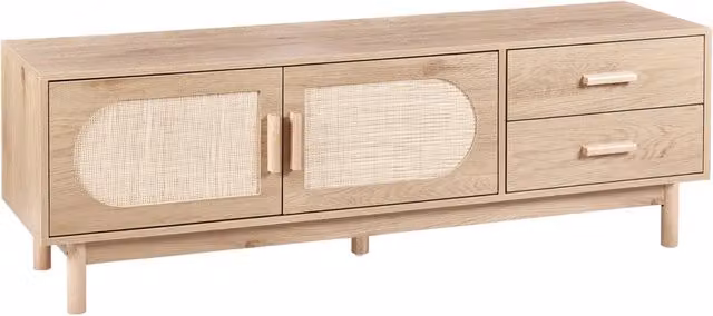 Mobile TV BELIANI in stile boho marrone con frontale in rattan e gambe in legno di gomma per televisori fino a 70 pollici L: 150 cm, P: 40 cm, H: 50 cm