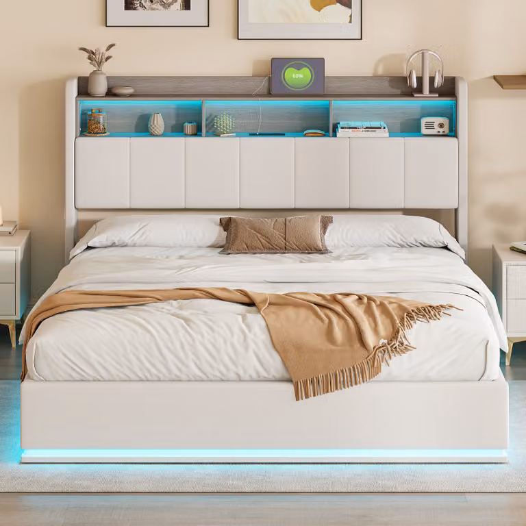 Letto matrimoniale imbottito 160x200 cm con illuminazione a LED, rete a doghe e contenitore nella testata, velluto beige