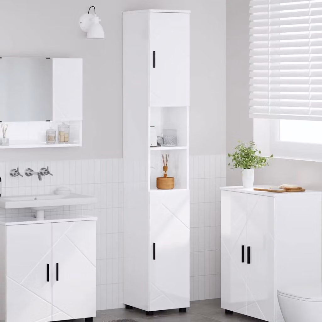 Mobile da bagno moderno vidaXL bianco lucido con ante a battente e ripiani interni L/P/H: 30 x 35 x 192 cm