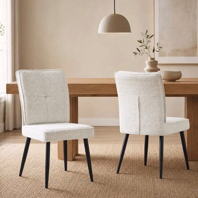 Set di 2 Sedie da Pranzo con Gambe in Metallo, Rivestimento in Tessuto Tweed Crema, Sedie per Cucina e Soggiorno
