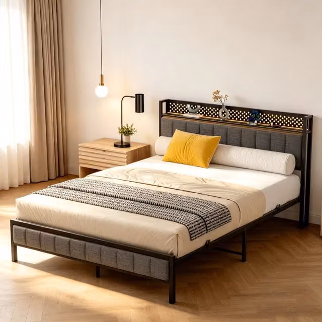 Letto matrimoniale in metallo nero 140x200 cm con mensola; porte USB e spazio contenitore, senza materasso