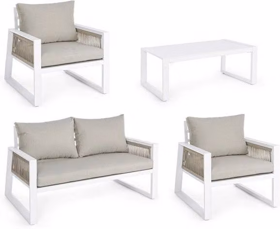 Set Salotto da Giardino Captiva GIORDANOSHOP Bianco con Divano a 2 Posti, 2 Poltrone e Tavolino in Alluminio Verniciato e Textilene