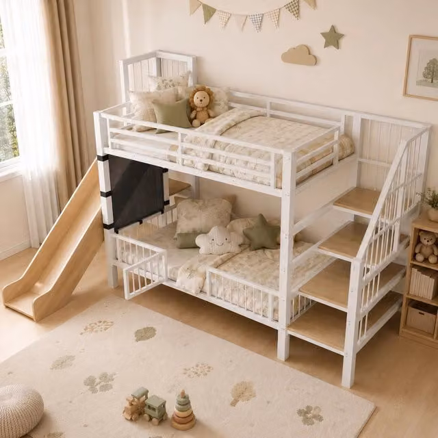 Letto a soppalco singolo Mivray bianco con scala a gradini, contenitore e barriera di protezione, L/P/H: 200 x 90 x 166,4 cm