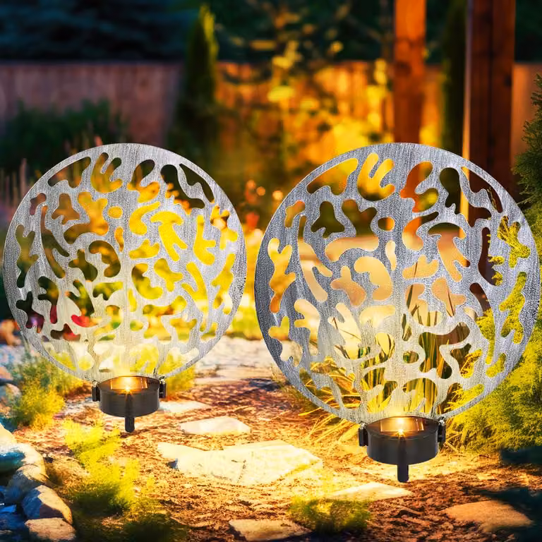 Set di 2 luci da giardino solari, effetto luminoso, color argento anticato, altezza 41 cm