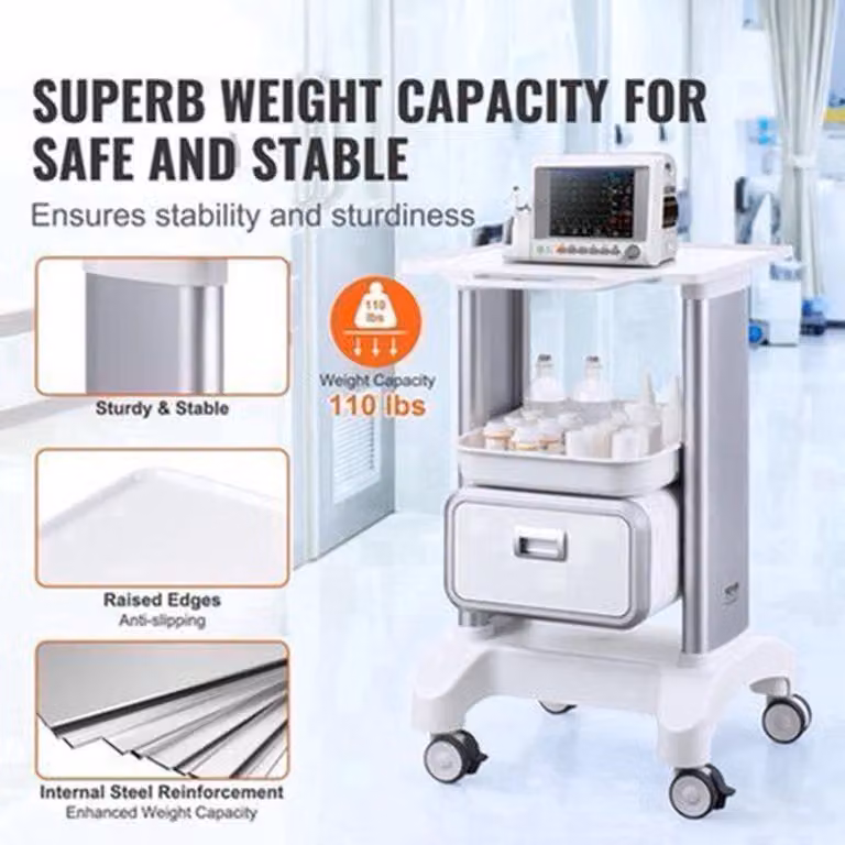 Carrello da laboratorio – Acciaio inossidabile – Colore oro – 2 ripiani – Ruote piroettanti – Carrello medico