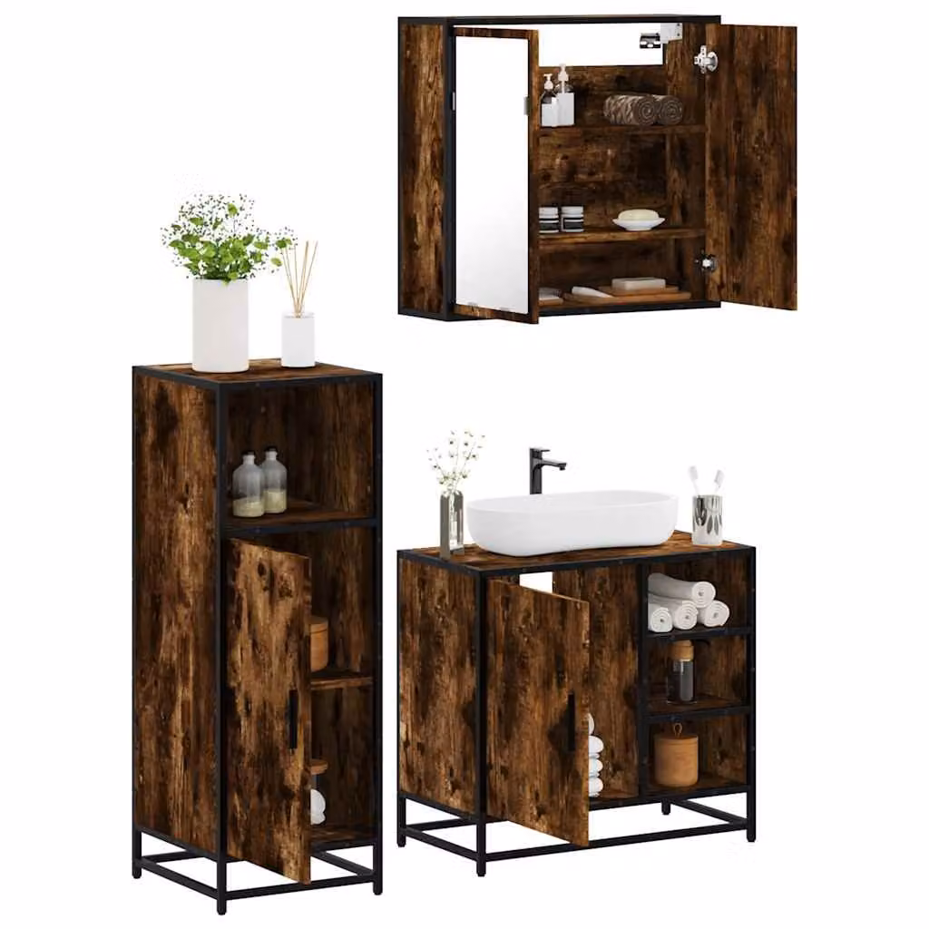 Set di mobili da bagno vidaXL 3 pezzi in stile industriale color marrone con mobile lavabo, pensile con specchio e armadietto a muro in legno e metallo