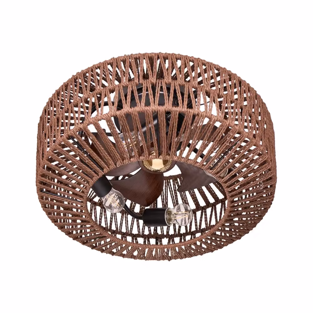Ventilatore da soffitto con luce BELIANI in stile boho, base in metallo marrone e paralume in rattan, con telecomando e timer