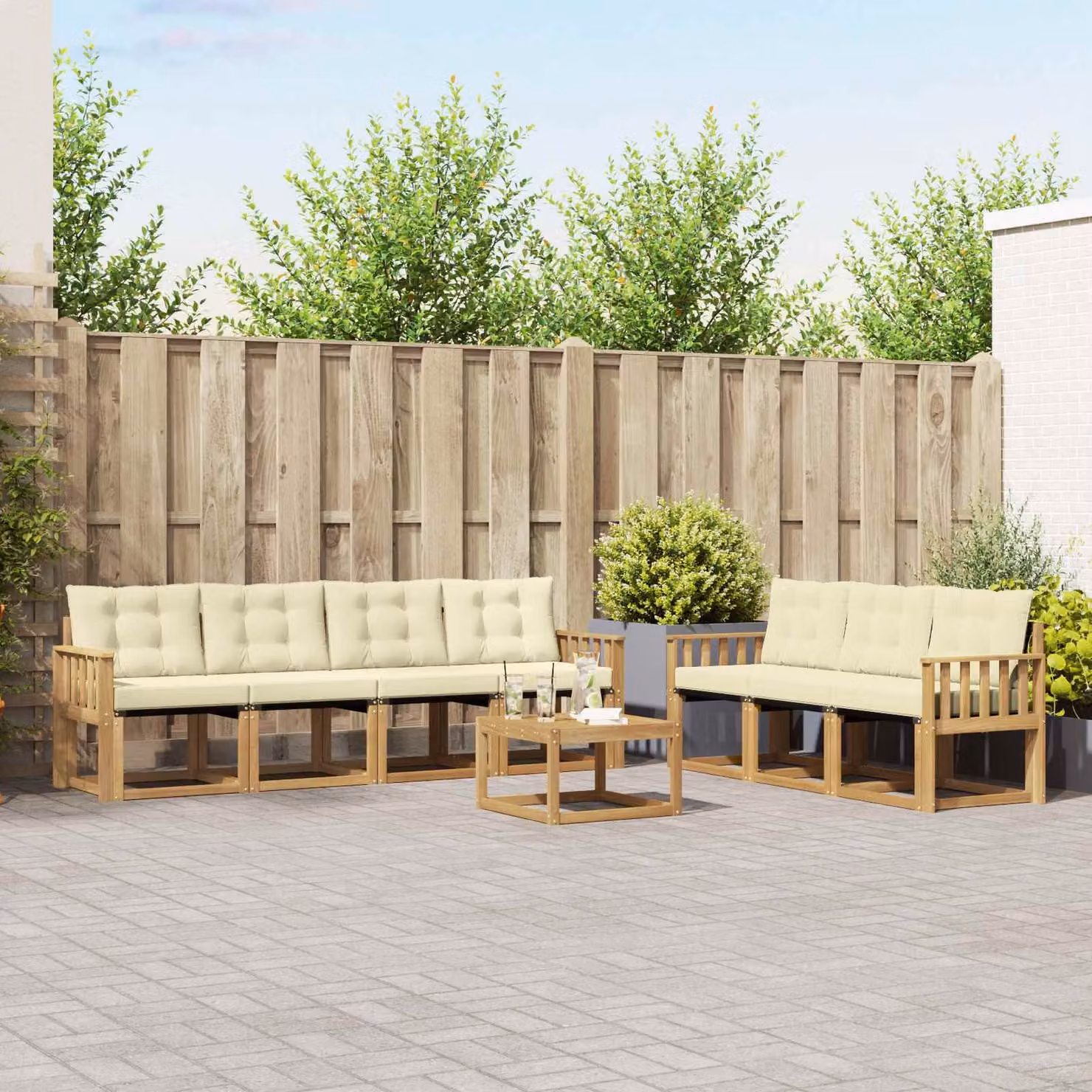 Set di divani da esterno vidaXL 8 pezzi in legno di acacia con tavolino e cuscini, Bianco e Beige