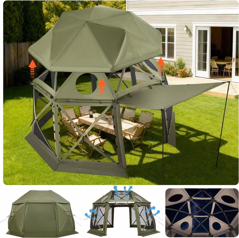 Gazebo a cupola pop-up - Gazebo da giardino/tenda per feste - 3,96 x 3,96 m - Per 10-12 persone - Tetto rimovibile - Ventilazione a 360° - Protezione UV - Con borsa per il trasporto - Verde