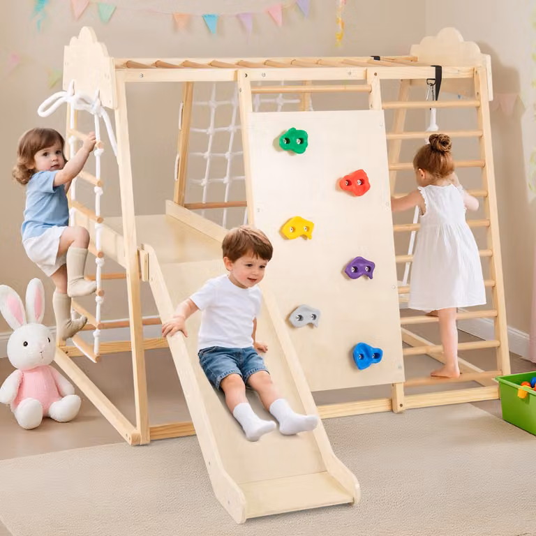 Costway Palestra da interno 8-in-1 in legno con scivolo rimovibile per bambini dai 3 anni in su, Colore Naturale e Multicolore