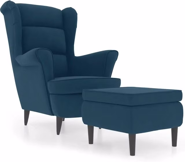 Poltrona | Sedia Relax con Schienale ad Ala con Poggiapiedi Blu in Velluto