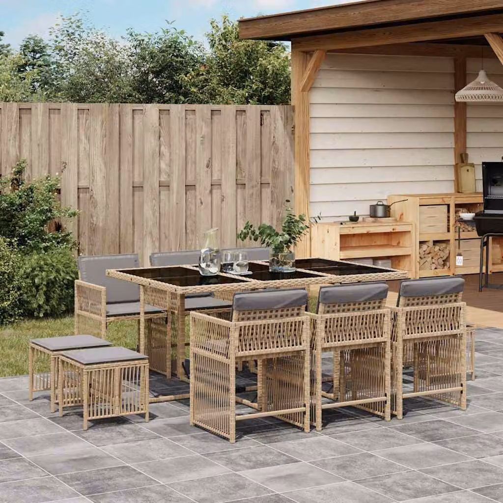 Set Pranzo da Giardino vidaXL in Polyrattan da 11 Pezzi con Cuscini Beige e Grigio e Tavolo in Vetro – 1