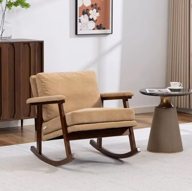 Poltrona a dondolo in stile Mid-Century con struttura in legno e imbottitura confortevole