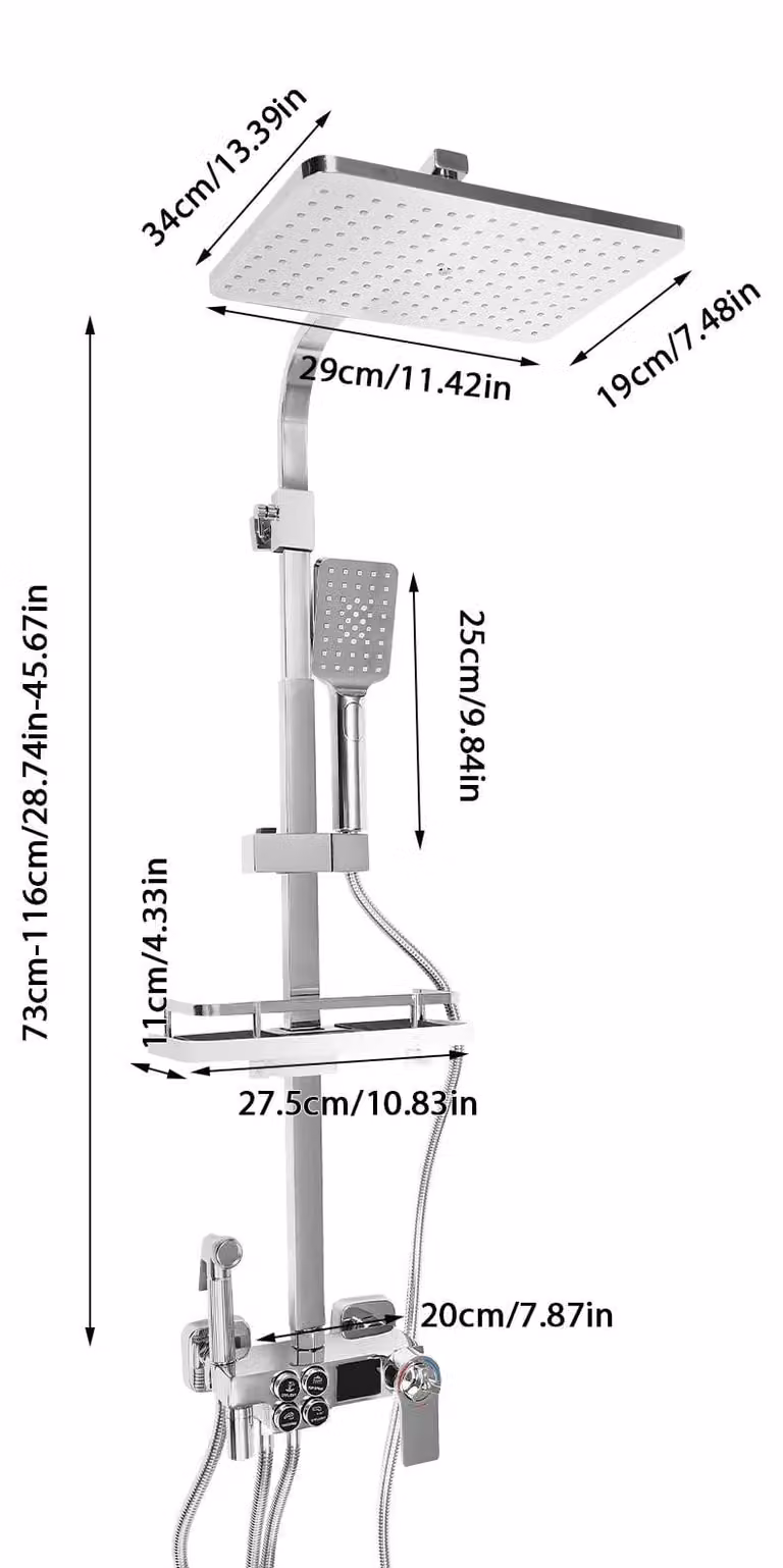 Sistema doccia - Set doccia a pioggia - Termostato con display LCD - Altezza regolabile - 4 tipi di getto - Soffione rotante a 360° - Tubo flessibile da 1,5 m - Oro