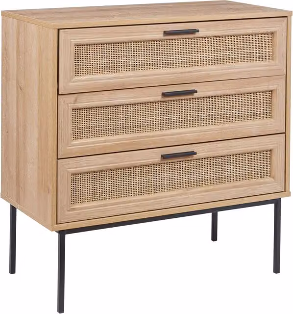Cassettiera Beliani in rattan e legno con tre cassetti stile boho, colore beige e marrone, L: 80 cm, P: 40 cm, H: 80 cm