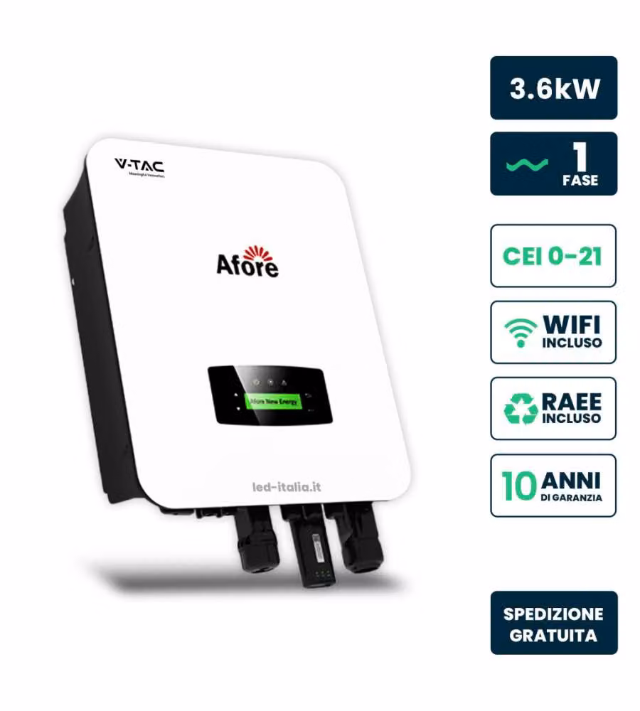 V-TAC Inverter Monofase Ibrido On-Grid/Off-Grid 3.6kW Meter WiFi e TA Garanzia 10 Anni IP65