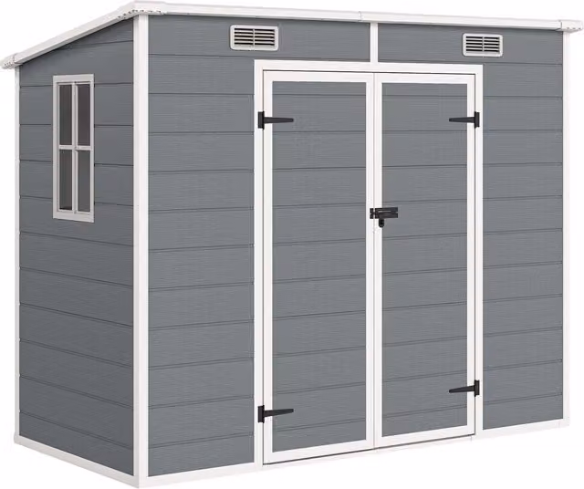 Casetta da giardino Outsunny in resina con pavimento, 2 porte con blocco e finestra, Grigio, L: 240 cm, P: 130 cm, H: 210 cm