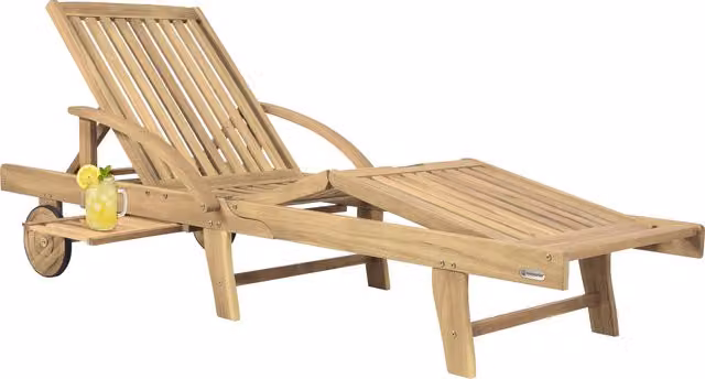 Lettino prendisole da giardino CASARIA in legno di acacia marrone effetto teak con tavolino estraibile, poggiatesta regolabile e ruote, L: 160 cm, P: 59,5 cm, H: 85 cm