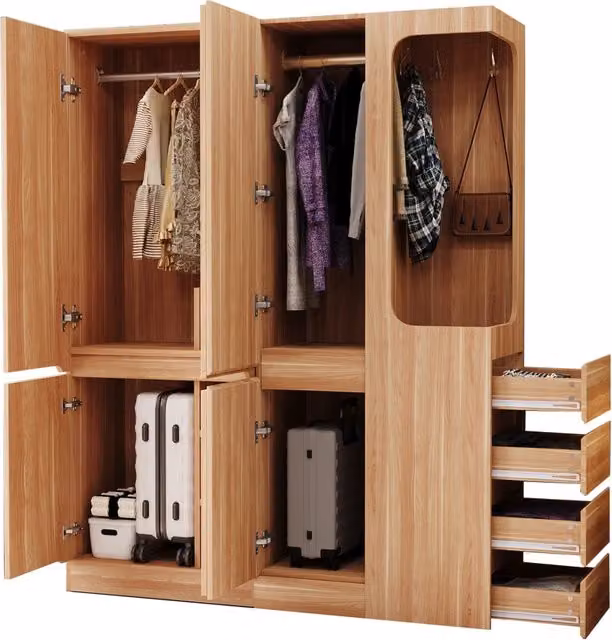 Armadio guardaroba 140x40x170 cm con 4 cassetti e vani appendiabiti; naturale