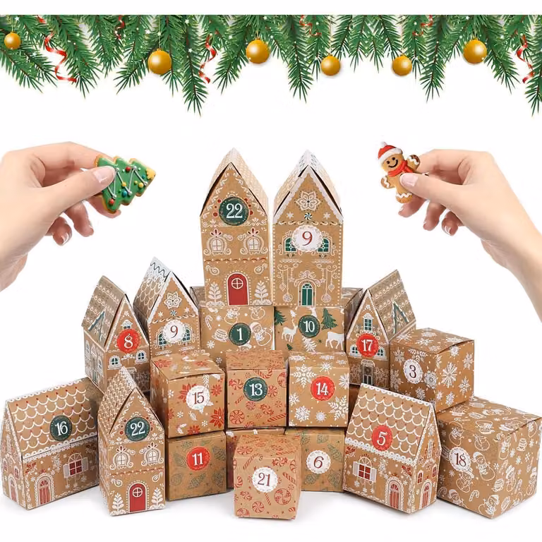 Calendario dell'Avvento da riempire, set da 24 pezzi, carta kraft, colore marrone, 7,5 cm