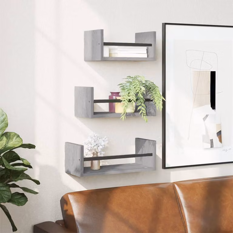 Set di 3 mensole da parete vidaXL in legno multistrato e metallo, colore grigio Sonoma, design moderno