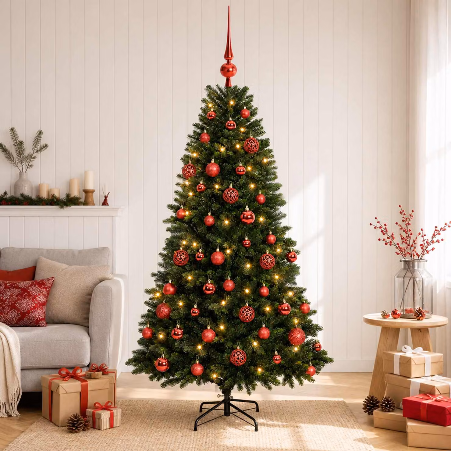 Albero di Natale artificiale verde vidaXL con 150 LED luce bianca calda e decorazioni, Altezza: 150 cm