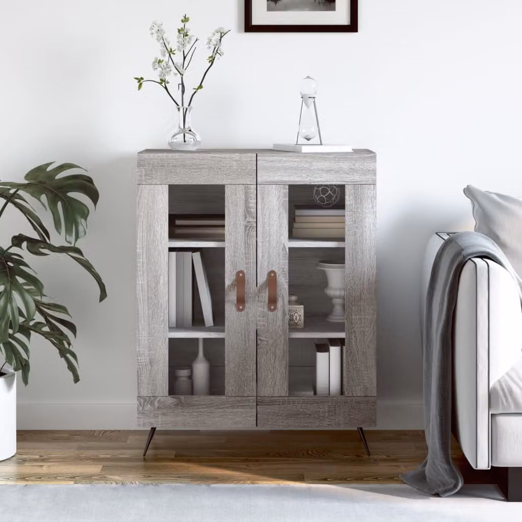 Credenza vidaXL in legno multistrato con ante in vetro, Grigio Sonoma, L: 69,5 cm, P: 34 cm, H: 90 cm