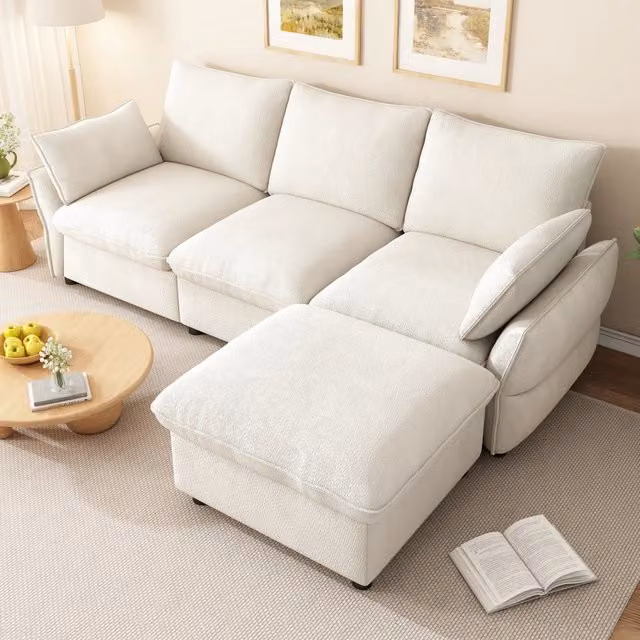 Divano angolare Mivray in ciniglia beige con pouf coordinato, cuscini e seduta reversibile con coperture removibili, L/P/H: 222,5 x 76,5 x 154,5 cm