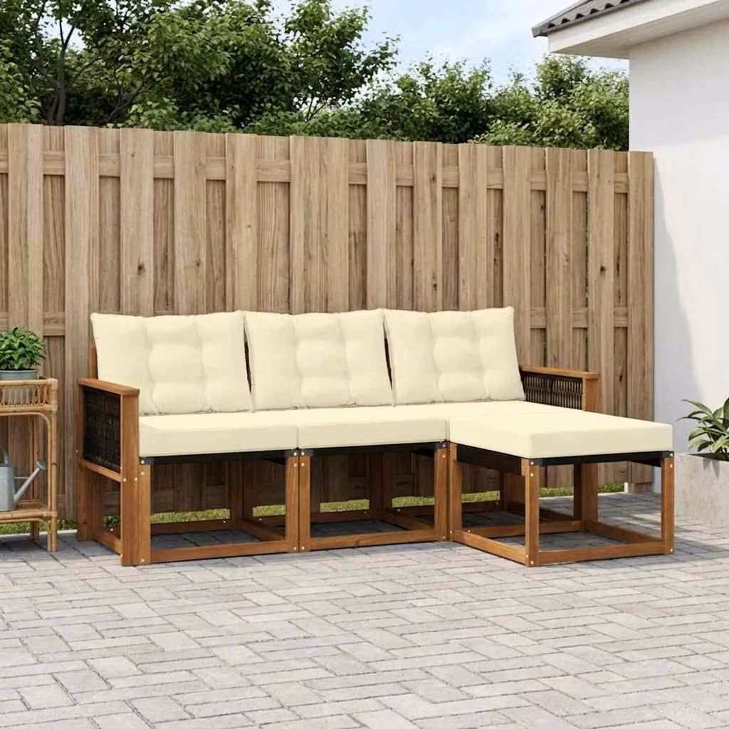 vidaXL Set di divani da esterno a L composto da 4 pezzi in legno di acacia con cuscini, colore beige e marrone
