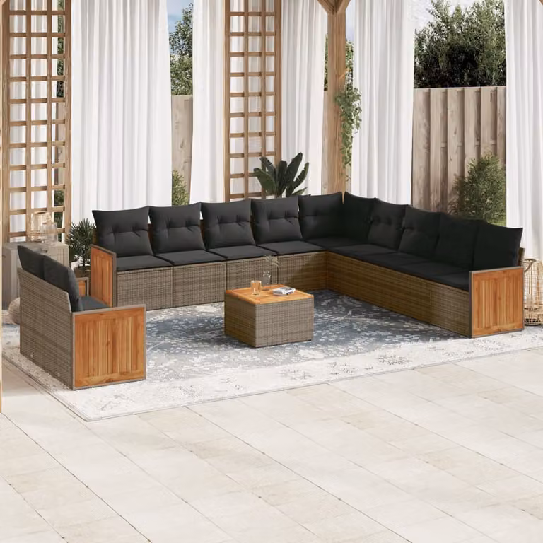 Set di divani da giardino vidaXL in 12 pezzi in polyrattan grigio con cuscini e tavolino da esterno