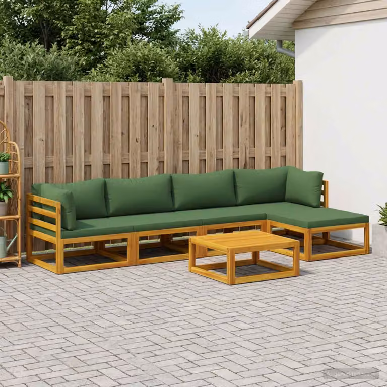 Set di divani da giardino vidaXL in legno di acacia massello con cuscini e tavolino, 6 pezzi, colore marrone e verde