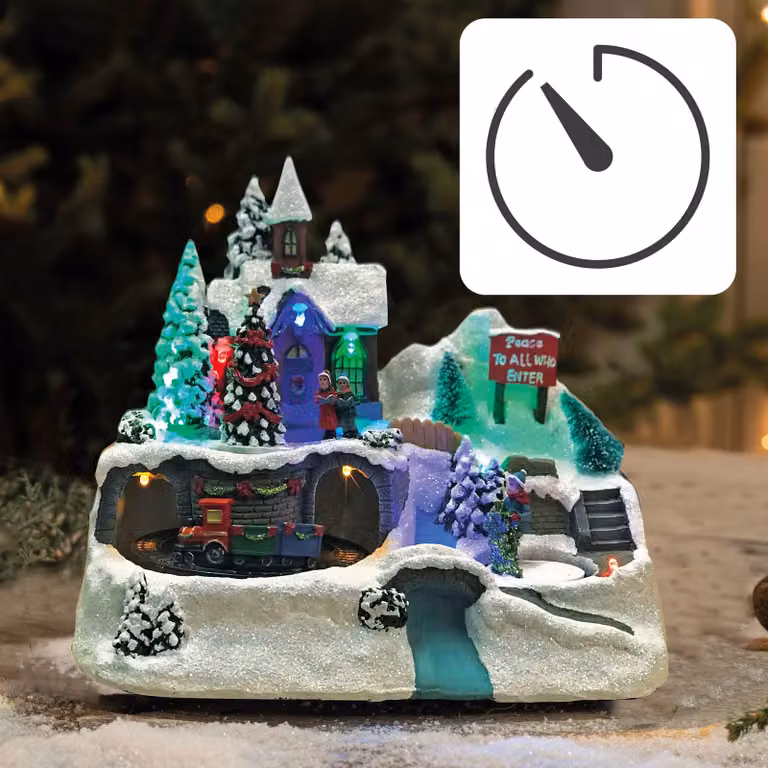 Villaggio natalizio a LED con trenino, scenario invernale illuminato, decorazioni con luci RGB, case alimentate a batteria