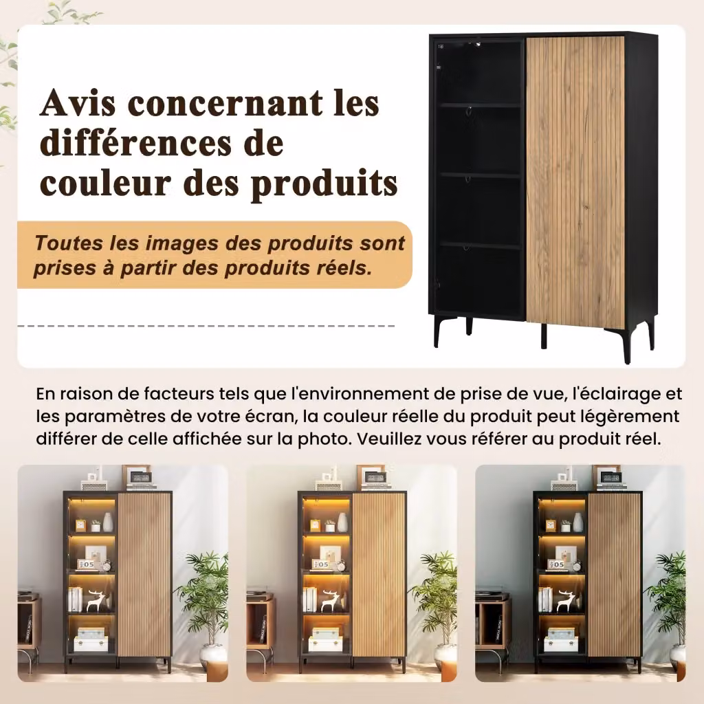 Vetrina REDOM moderna con ante in vetro e illuminazione integrata, L 90 cm, P 40 cm, H 135 cm, in MDF nero e legno opaco – 2
