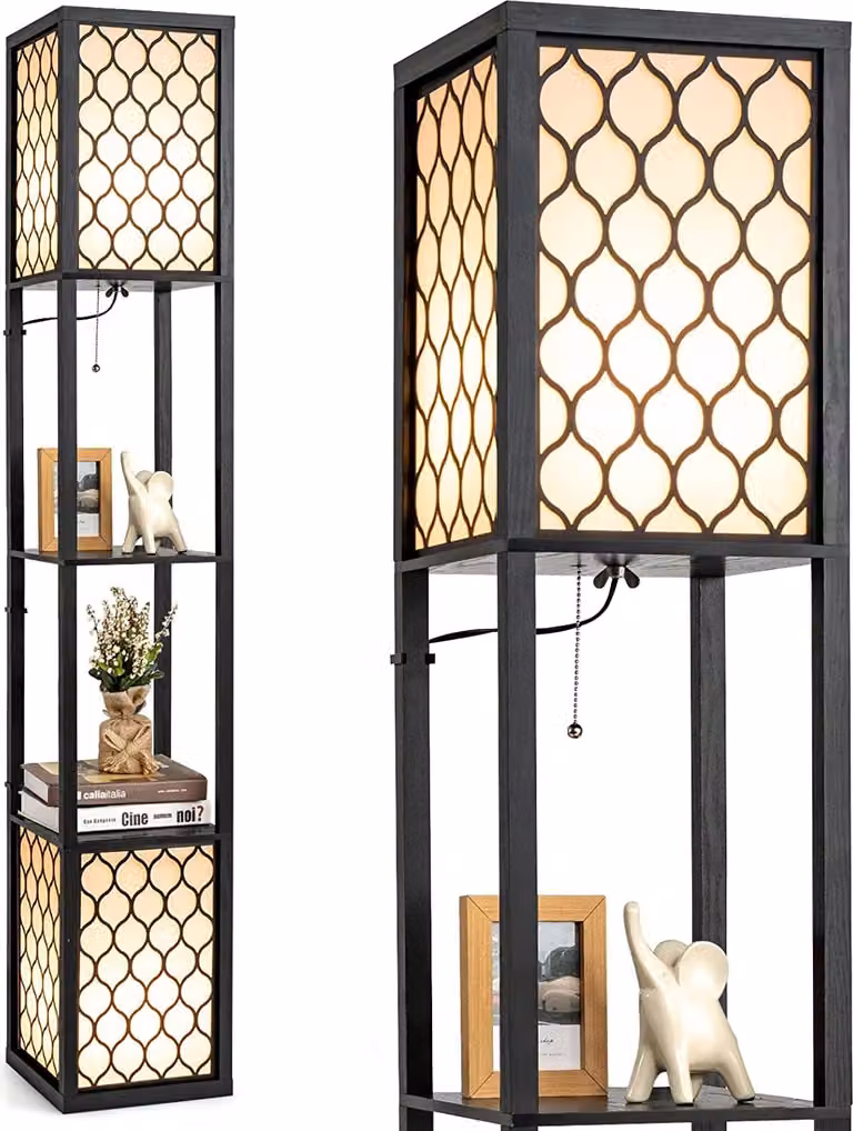 COSTWAY lampada da terra a mensola 156 cm, lampada da terra in legno, lampada da terra E27, illuminazione moderna per interni con 3 livelli, lampada da terra a mensola con catena a strappo e interruttore a pedale, lampada da terra per camera da letto e so