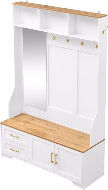 Guardaroba da ingresso MIVRAY con LED, specchio, ganci, cassetti e seduta in MDF bianco effetto legno L/P/H: 120 x 40 x 187 cm – 1