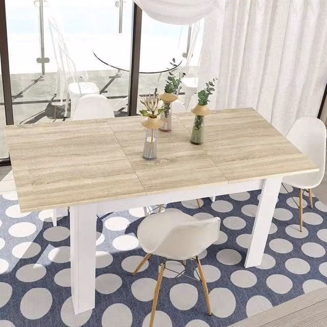 Tavolo da pranzo estensibile DMORA Abudula, design moderno rettangolare, L/P/H: 140/190 x 90 x 78 cm, Rovere e Bianco