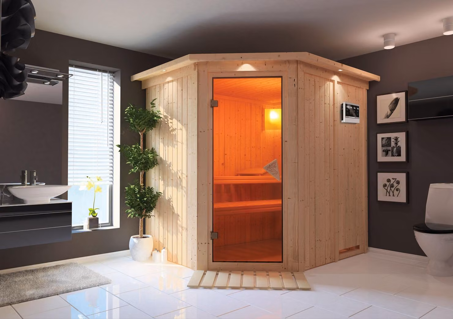 Sauna Siirin: con cornice luminosa sul tetto: in legno naturale: stufa a bioetanolo da 9 kW + centralina Easy porta in vetro interamente bronzato. Colore: legno naturale. Cornice luminosa sul tetto: con cornice luminosa. Stufa per sauna: stufa a bioetanol